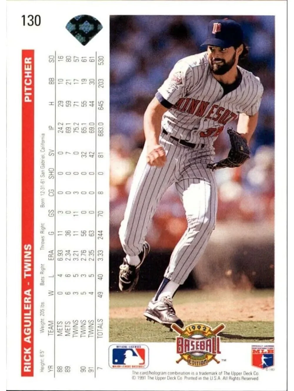 Rick Aguilera 1992 Upper Deck MLB #130 Baseball Card Minnesota Twins